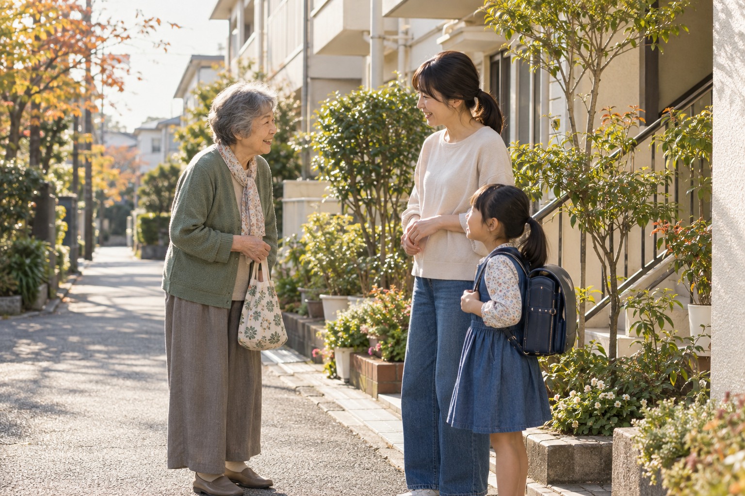 住宅街で笑顔のあいさつを交わす住民たちのイメージ