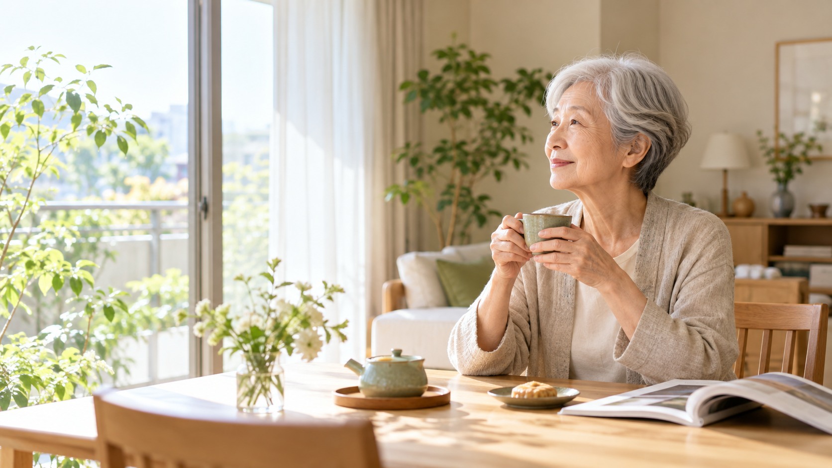 窓辺でお茶を楽しむ、穏やかな日常のイメージ